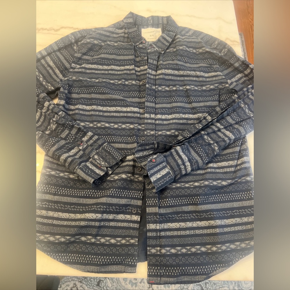 Aeropostale Men's Button-Down Dress Shirt Size XL Navy Patterned Cotton